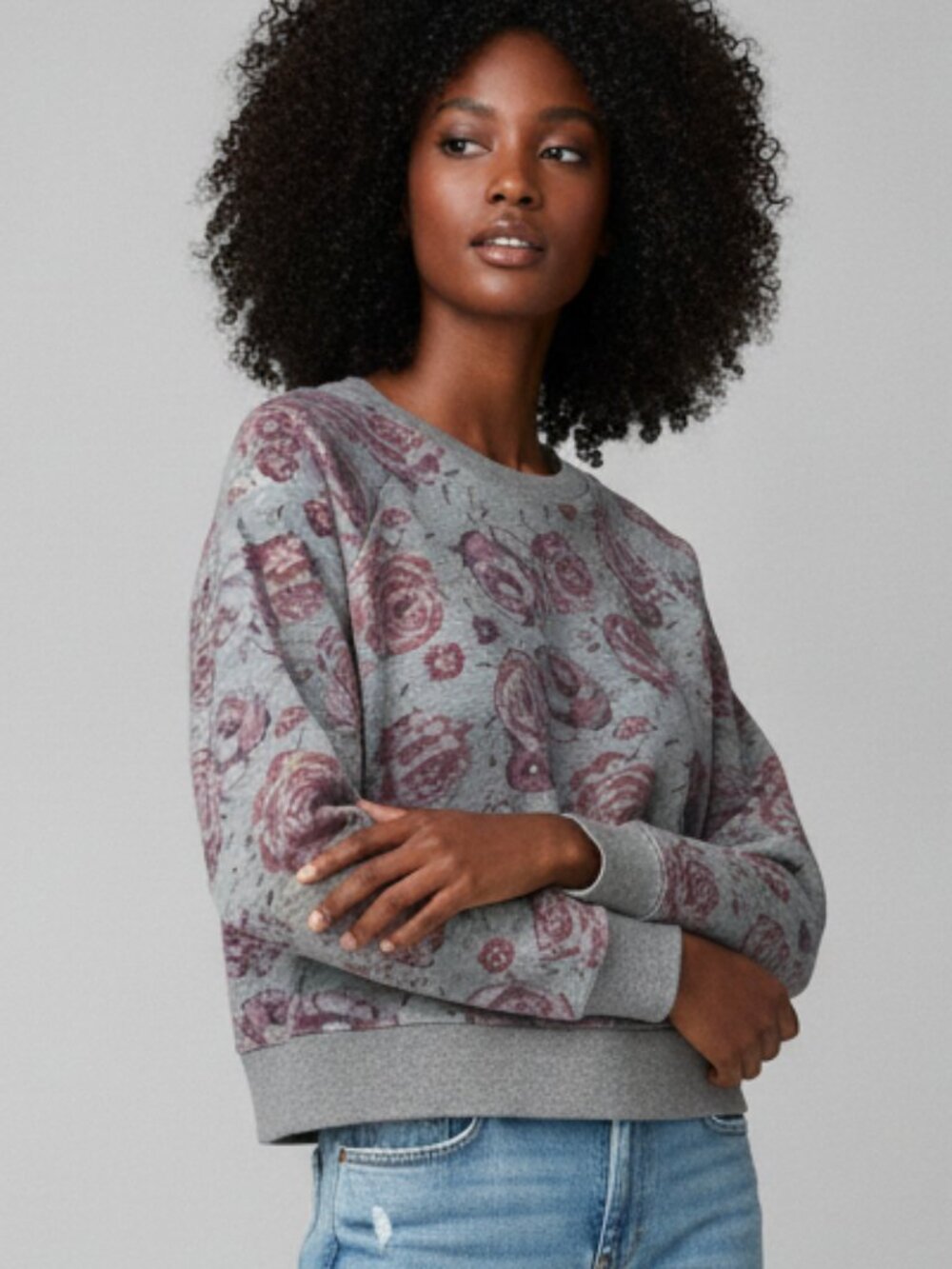 Abercrombie & Fitch Veronica Cropped Grey Floral Pattern Sweatshirt